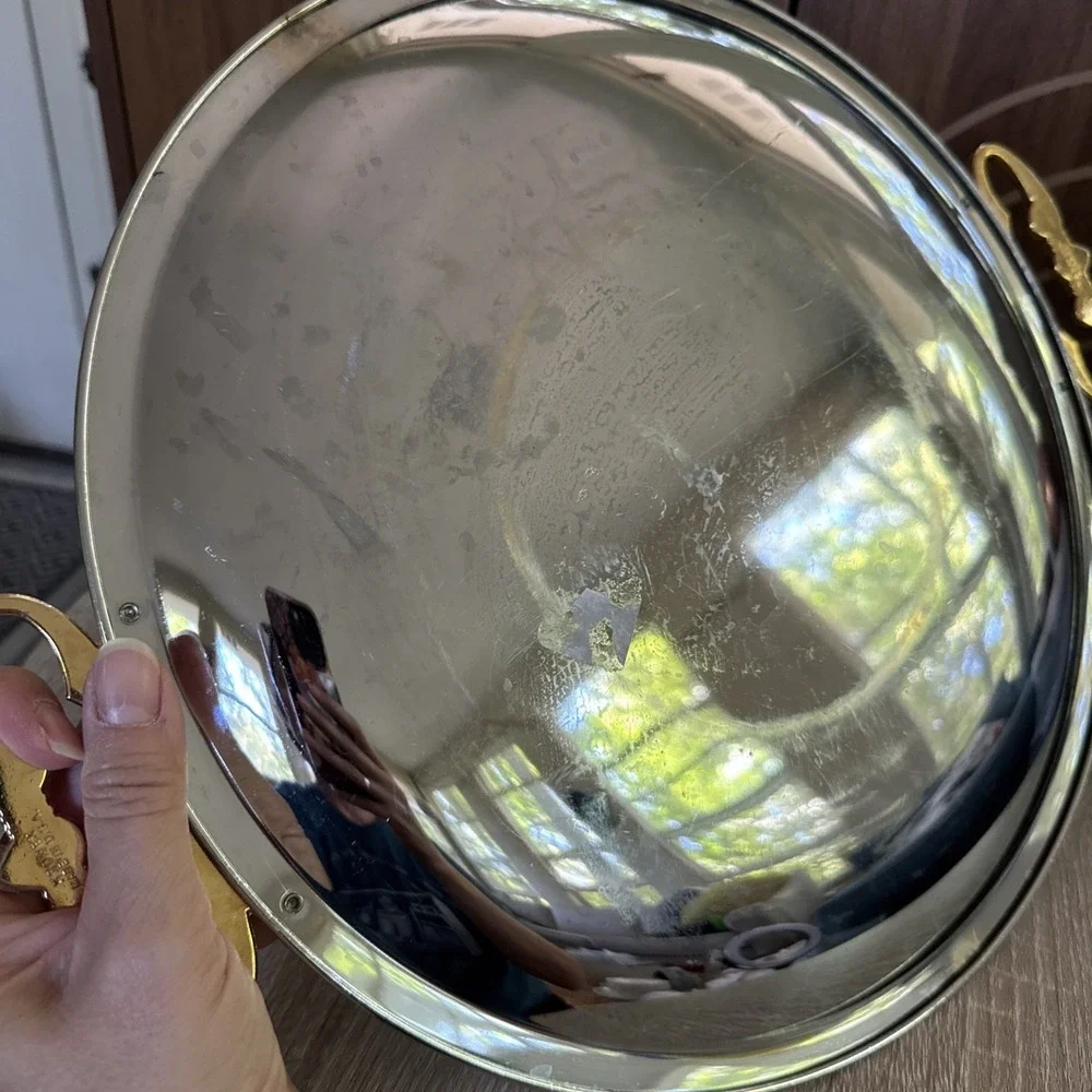 VINTAGE KROMEX USA CHROME ROUND BUTLERS SERVING TRAY GOLD TONE HANDLES Authentic